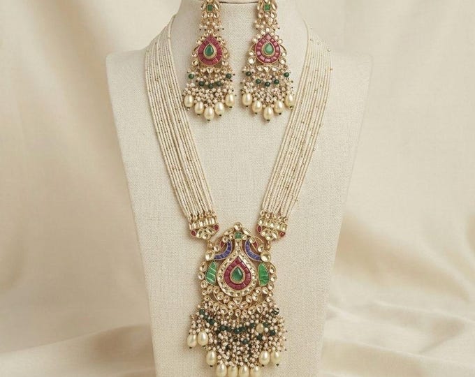 Gold Plated Kundan Jewelry Set, Long Ranihaar Necklace, Indian Bridal Earrings