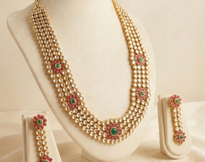 Handmade Kundan Jewelry Set, 22K Gold Plated Indian Wedding Necklace