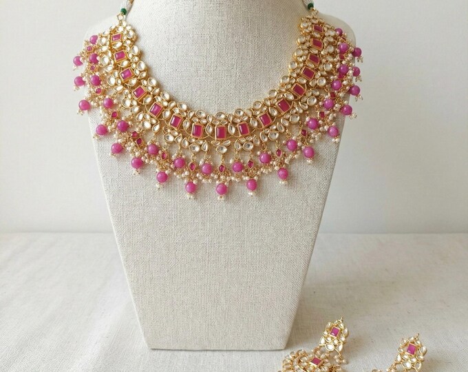 Kundan Choker Necklace Set, Gold Plated Indian Bridal Jewelry