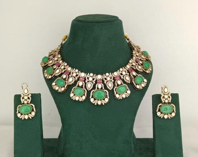 Kundan Bridal Jewelry Set, Gold Plated Polki Necklace Earrings