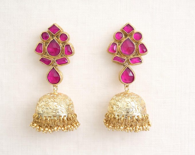 Handcrafted Pink Kundan Jhumka Earrings | Gold Tone South Indian Jewelry
