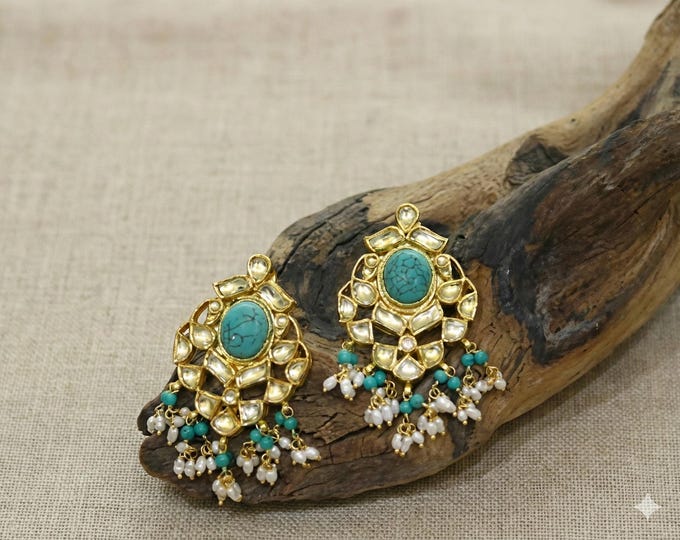Handmade Kundan Earrings, Turquoise Pearl Drop, Gold Plated