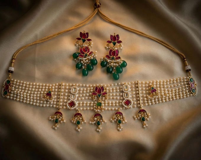 Pearl Kundan Choker Necklace Set | Indian Wedding Jewelry | Handmade Gold Plated Earrings
