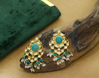 Kundan Earrings Stud, Handmade Turquoise Earrings, South Indian Jewelry, Gold Plated Jewellery, Turquoise Statement Earrings,Punjabi Earring