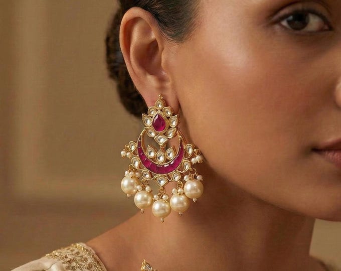 Kundan Chandbali Earrings, Indian Pearl Drop Jewelry