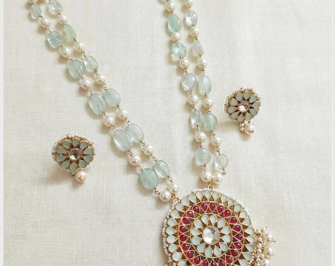 Kundan Necklace and Earrings, 22K Gold Plated Indian Wedding Jewelry