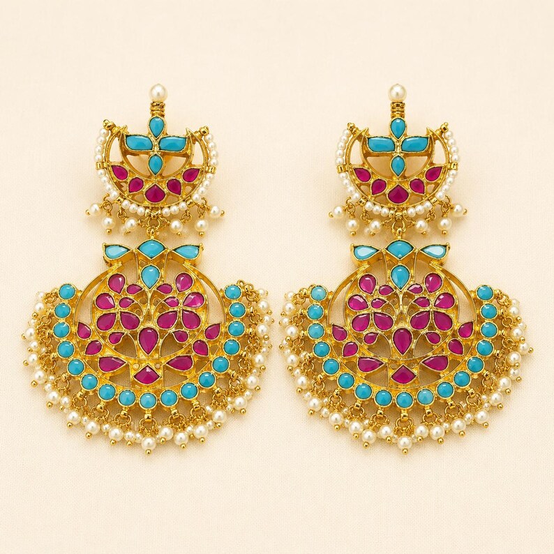 Kundan Jewelry Set | Indian Turquoise Necklace | Handmade Chandbali Earrings image 4