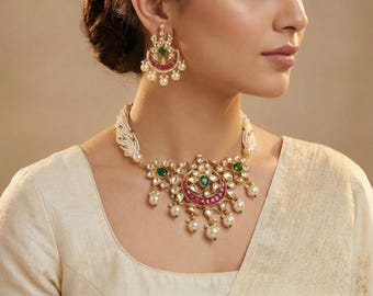 Kundan Jewellery Choker Necklace, Chandbali Earrings Set
