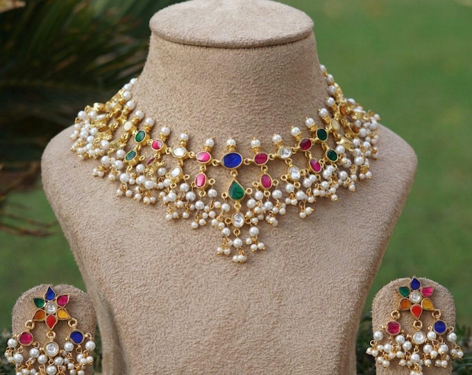 Handmade Kundan Choker Necklace Set, 22k Gold Plated, Festive Jewelry