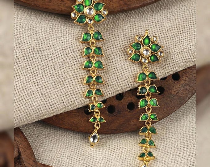 Gold Plated Kundan Earrings, Green Stone Indian Jewelry