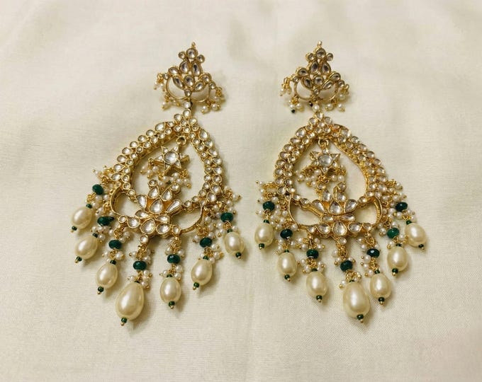 Handmade Kundan Chandbali Earrings, Gold Plated Indian Jewelry