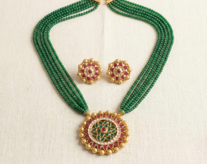 Pink Kundan Jewelry Set, Indian Pendant Necklace, Gold Finish