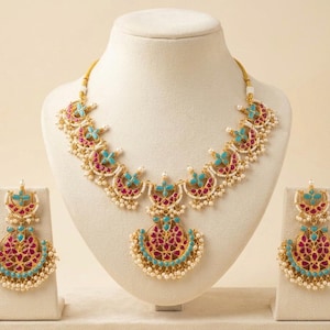 Kundan Jewelry Set | Indian Turquoise Necklace | Handmade Chandbali Earrings image 10