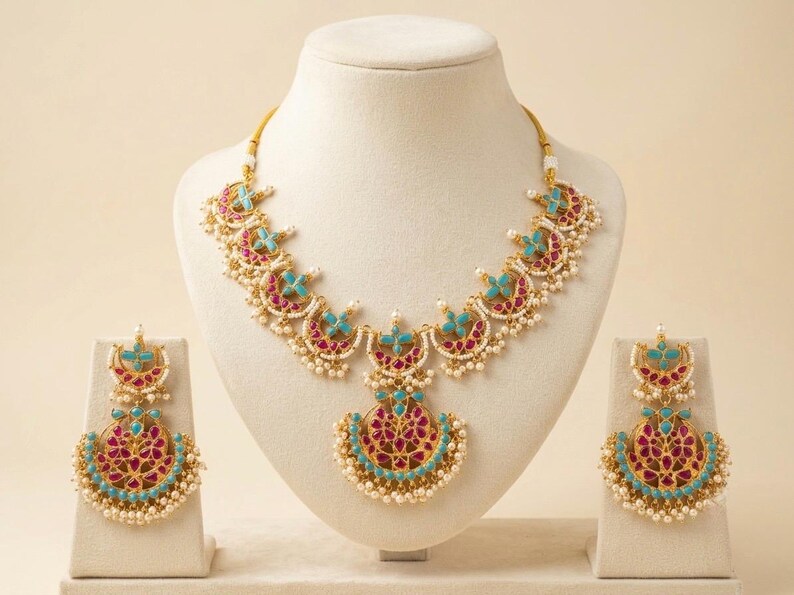 Kundan Jewelry Set | Indian Turquoise Necklace | Handmade Chandbali Earrings image 10