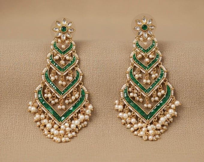 Kundan Chandbali Earrings, 22k Gold Plated, Indian Bridal Jewelry
