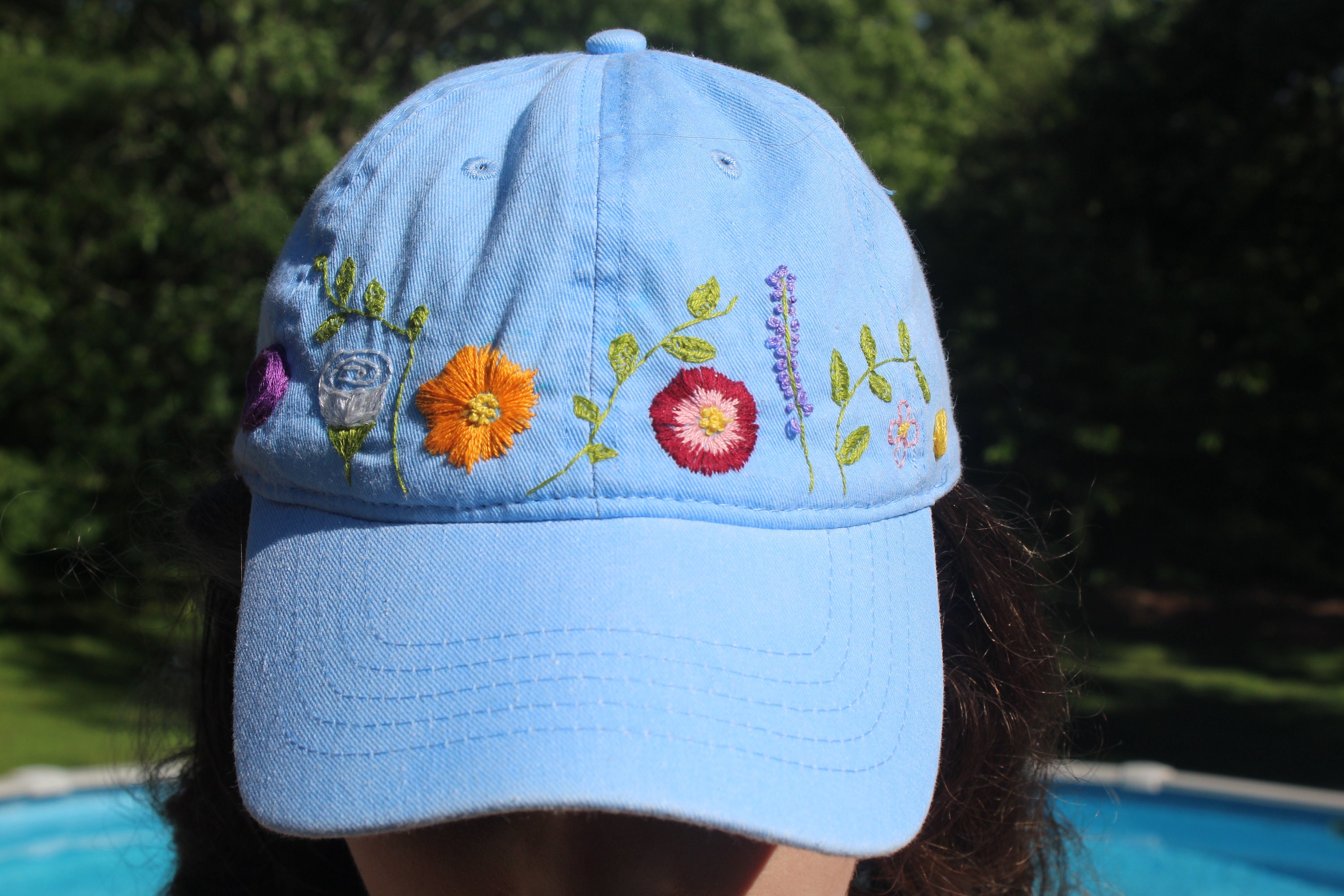 Hand Embroidered Floral Blue Hat | Etsy