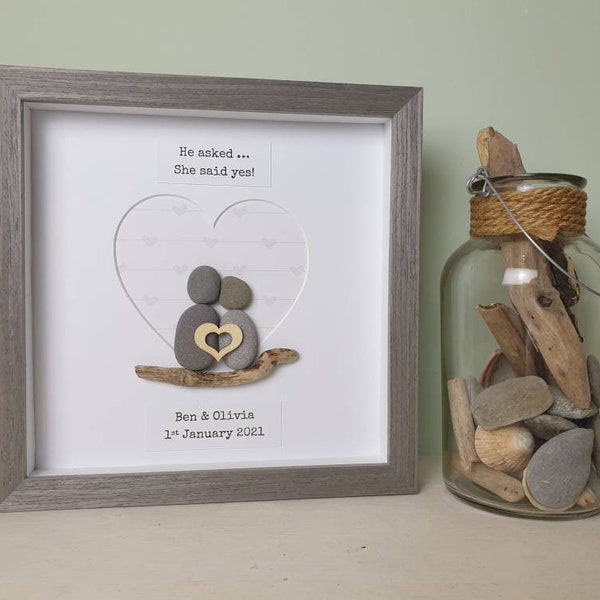 Engagement Gift for Couples. Personalised Engagement Picture. Engagement Pebble Art Picture Frame. He asked she said yes. Engagement Gift