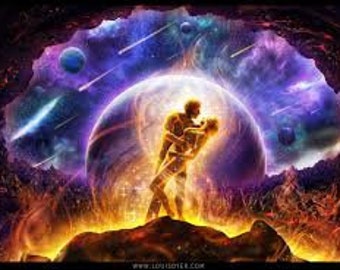 May include: Digital art depicting two silhouetted figures embracing against a backdrop of a glowing planet and a cosmic sky filled with shooting stars. The scene is framed by a rocky, fiery landscape.
