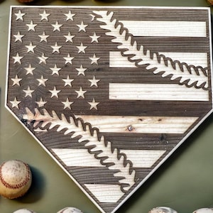 Handmade Wooden Home Plate American Flag with Baseball Stitching | Patriotic Decor | Home Plate | Custom Gifts | Sports Decor