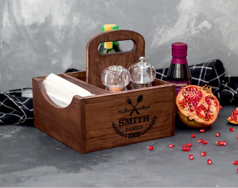 Wood napkin holder Personalized utensil caddy with salt and Etsy