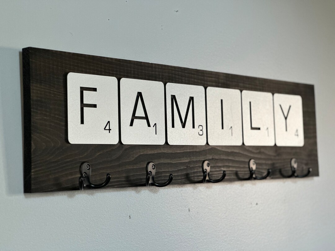 Family Scrabble Tile Coat Rack Wall Mount W 3D Raised Lettering W Hooks