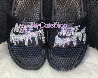 purple gold nike slides
