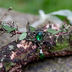 Fairy Crown, Beautiful Magical Elven Tiara with Crescent Moon and Green Crystal Stone, Woodland Nymph