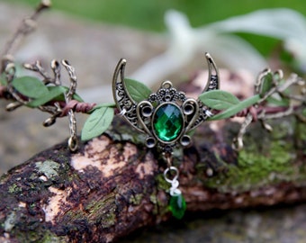 Fairy Crown, Beautiful Magical Elven Tiara with Crescent Moon and Green Crystal Stone, Woodland Nymph
