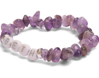 Amethyst Bracelet Crystal Bracelet, healing jewellery, semi precious stones, choice of coloured letters. By Wild Daisy