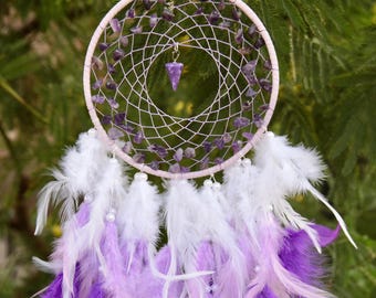 Amethyst chip dreamcatcher hand woven  with  purple, white  and lilac fluffy feathers decorated with beads.
