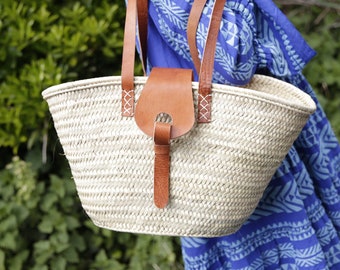 Beautiful  long handle straw basket with over strap, perfect for beach or shopping