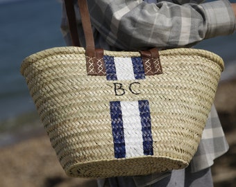 Personalised double handle straw French market basket,  vintage bag, gifts for her, wedding gift, Moroccan basket