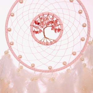 Dreamcatcher, Rose Quartz Crystal and Feather, Tree of Life, Sun catcher, Wiccan Gift, Quartz Crescent Moon Dreamcatchers
