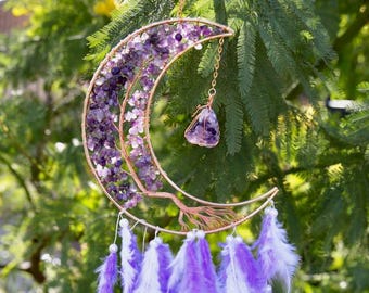 Large Purple Crescent Moon Dream Catcher With Amethyst Crystal
