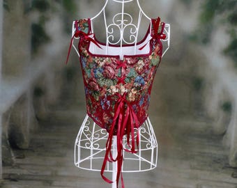 Overbust Corset. Beautiful Red Floral Square Neck. Lace tie-up Front Boned Corset, Renaissance Fair Corset, Fairy wings, Steampunk.