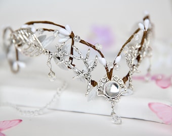 Fairy Crown, Beautiful  Silver Elven Tiara white buds  and silver foliage decorated with a crescent moon with a  crystal centre piece.