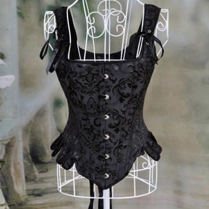 Black Jacquard Over-bust Medieval Corset with lace-up back and front clasps, perfect for Renaissance Festivals, or Steampunk Cosplay.