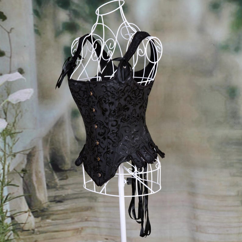 Black Jacquard Over-bust Medieval Corset with lace-up back and front clasps, perfect for Renaissance Festivals, or Steampunk Cosplay.