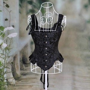 Black Jacquard Over-bust Medieval Corset with lace-up back and front clasps, perfect for Renaissance Festivals, or Steampunk Cosplay.