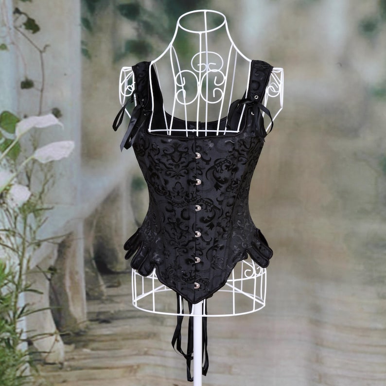 Black Jacquard Over-bust Medieval Corset with lace-up back and front clasps, perfect for Renaissance Festivals, or Steampunk Cosplay.