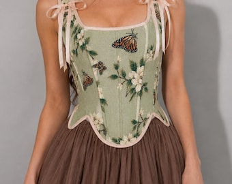 Green Vintage Floral Renaissance Corset | Lace-Up Jacquard with Butterfly Design | Medieval Fairy Core, LARP