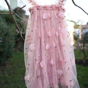 Girls flower embroidered dress. Dusky Pink Tulle embroidered tulle dress for babies and young girls. 3D flower detail. Flower Girl dress