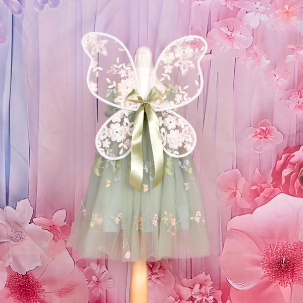 Girls' Flower Embroidered Dress. Pretty sage green dress with optional Ivory  Embroidered Wings for Girls, birthday dress, fairy wings.
