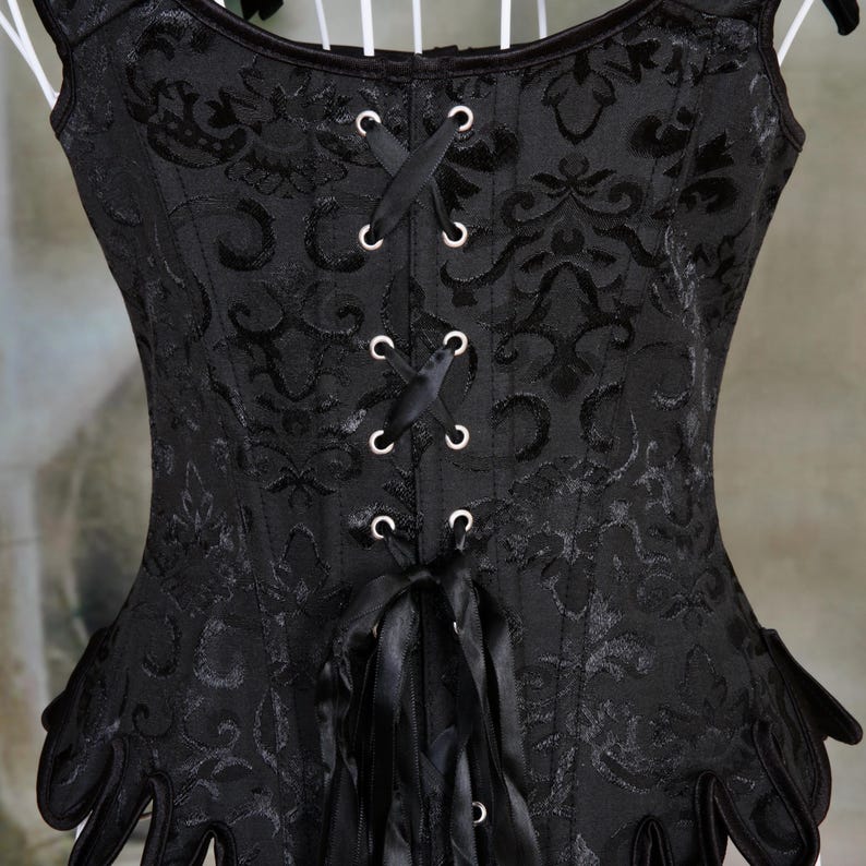 Black Jacquard Over-bust Medieval Corset with lace-up back and front clasps, perfect for Renaissance Festivals, or Steampunk Cosplay.
