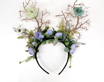 Woodland Antler Crown, Fairy Antler Headband, Forest Fairy Headpiece, Lavender Woodland Flower Crown, Nature Inspired Festival Headband