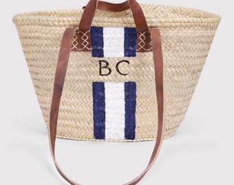 Beautiful double handled beach basket, personalised market basket, hand painted bag