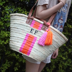Medium Straw basket, double leather handle, shopping bag, beach basket, hen party.