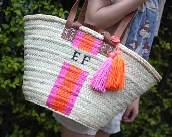 Medium Straw basket, double leather handle, shopping bag, beach basket, hen party