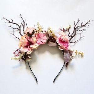 Custom elven floral tiara, deer antlers on a hair band,  we choose the basic colour scheme and you can tell us what colours you would like us to add.