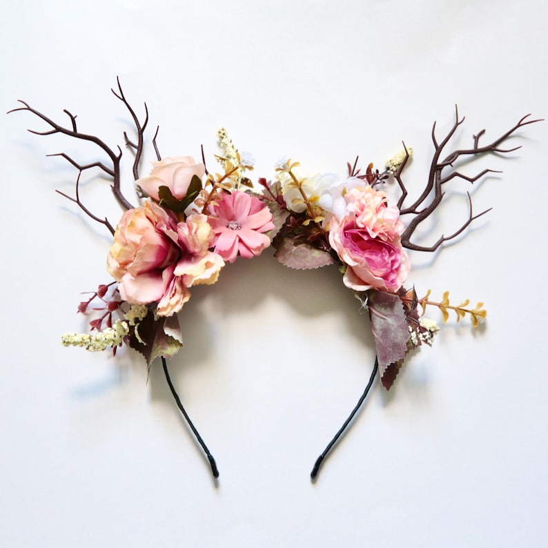Custom elven floral tiara, deer antlers on a hair band,  we choose the basic colour scheme and you can tell us what colours you would like us to add.